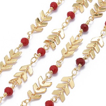 Handmade Brass Cobs Chains, with Faceted Glass Round Beads and Spool, Soldered, Long-Lasting Plated, Real 18K Gold Plated, Red, 7x6x1.6mm, about 32.8 Feet(10m)/roll