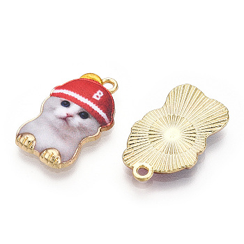 Printed Light Gold Tone Alloy Pendants,Carton Cat with Cap Charms, Crimson, 22.5x14x2.5mm, Hole: 1.6mm