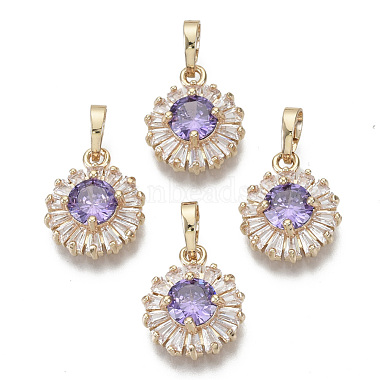 Light Gold Lilac Flat Round Brass+Cubic Zirconia Charms