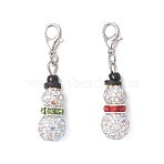 2Pcs Snowman Pave Disco Ball Beads & Brass Rhinestone Pendant Decorations, with Alloy Lobster Claw Clasps, Mixed Color, 41~42mm(HJEW-JM04452)