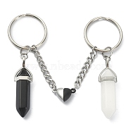 Natural Black Obsidian & White Jade Bullet Keychain, Alloy Magnetic Heart Clasp Couple Keychain, with Iron Split Key Rings, 7.05cm, 2pcs/set(KEYC-TA00016)
