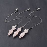 Natural Rose Quartz Pointed Dowsing Pendulums, with Rack Plating Brass Findings, Cadmium Free & Lead Free, Bicone, 229x2.5mm, Hole: 1.2~1.8mm(AJEW-B020-05P-07)