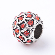Alloy Rhinestone European Beads, Large Hole Beads, Rondelle, Antique Silver, Light Siam, 10~11x8.5mm, Hole: 4.5mm(MPDL-S047-03)