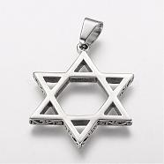 304 Stainless Steel Pendants, for Jewish, Hexagram/Star of David, Stainless Steel Color, 48x38x4mm, Hole: 6x12mm(STAS-P137-16AS)