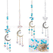Moon Suncatcher Making Kit, Including Teardrop & Star & Heart Glass Pendants & Beads, Alloy Pendant, Brass Pendant & Cable Chains, 304 Stainless Steel S Hook Findings, Blue(DIY-SC0020-50)