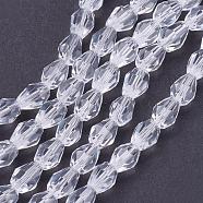 Glass Beads Strands, Faceted, teardrop, Clear, 6x4mm, Hole: 1mm, about 65~68pcs/strand, 14.96~15.35 inch(X-GLAA-R024-6x4mm-12)