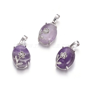 Natural Amethyst Pendants, with Platinum Tone Brass Findings, Oval with Flower, 22x13.8x10.3mm, Hole: 6x3.5mm(G-L512-I21)