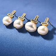 Natural Pearl Ear Studs, with Brass Micro Pave Clear Cubic Zirconia and 925 Sterling Silver Pin, Real 14K Gold Plated, 16x9mm(EJEW-L099-09G)