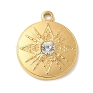 304 Stainless Steel Rhinestone Pendants, Flat Round & Sun, Golden, 21x18x4mm, Hole: 1.8mm(STAS-I322-58G)