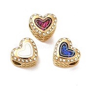 304 Stainless Steel European Beads, Large Hole Beads, with Rhinestone and Enamel, Heart, Mixed Color, Golden, 11.5x12.5x8.2mm, Hole:4.2mm(STAS-I191-02G)
