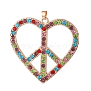 Alloy Rhinestone Big Pendants, Heart with Peace Sign, Colorful, Light Gold, 57x59x3mm, Hole: 5x5mm(RB-E526-01G-A)