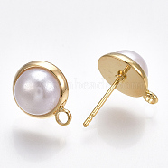 Brass Stud Earring Findings, with Loop and ABS Plastic Imitation Pearl, Half Round, Real 18K Gold Plated, 12.5x10mm, Hole: 1.8mm, Pin: 0.8mm(X-KK-T038-287G)