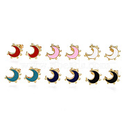 Brass Enamel Stud Earrings, with Ear Nuts, Nickel Free, Moon, Real 16K Gold Plated, Mixed Color, 12.5x10mm, Pin: 0.8mm(EJEW-T014-52G-NF)