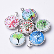Glass Pendants, with Brass Findings, Flat Round, Tree of Life Theme, Platinum, Mixed Color, 36x27x14mm, Hole: 3.5x7mm(GLAA-Q062-B)