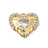 Rack Plating Brass Micro Pave Cubic Zirconia Charms, Cadmium Free & Lead Free, Long-Lasting Plated, Heart with Wing Charm, Real 18K Gold Plated, Clear, 11x13x2.5mm, Hole: 1mm(KK-P230-19G-01)