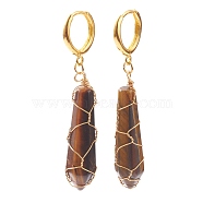 Brass Huggie Hoop Earrings, with Natural Tiger Eye Wire Wrapped Bullet Pendants, Golden, 50mm, Pin: 1mm(EJEW-JE04462-02)