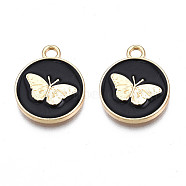 Alloy Enamel Pendants, Cadmium Free & Nickel Free & Lead Free, Light Gold, Flat Round with Butterfly, Black, 18x15x2mm, Hole: 2mm(PALLOY-N170-002A-NR)