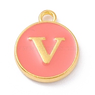 Golden Plated Alloy Enamel Charms, Enamelled Sequins, Flat Round with Alphabet, Letter.V, Hot Pink, 14x12x2mm, Hole: 1.5mm(X-ENAM-Q437-11V)