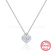 Rhodium Plated 925 Sterling Silver Cube Pendant Necklaces with Cubic Zirconia, Platinum, 15.35 inch(39cm)(LS6808-2)
