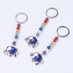 Natural Lapis Lazuli Chakra Keychain, with Mixed Stone and Platinum Plated Brass Key Findings, Elephant, 92mm, Ring: 24x2mm, Bead: 6~7mm, Pendant: 23x26x7mm(KEYC-P040-E09)