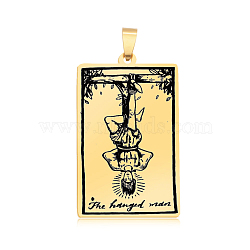 201 Stainless Steel Pendants, Laser Engraved Pattern, Tarot Card Pendants, Golden, The Hanged Man XII, 40x24x1mm, Hole: 8x4mm(STAS-S105-LA460-22)