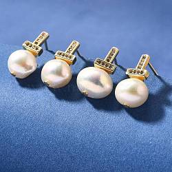 Natural Pearl Ear Studs, with Brass Micro Pave Clear Cubic Zirconia and 925 Sterling Silver Pin, Real 14K Gold Plated, 16x9mm(EJEW-L099-09G)