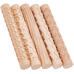 5Pcs 5 Style Wooden Rolling Pin, for Baking Embossed Cookies, Kitchen Tool, Tree Stripe & Paw Print & Flower & Cobblestone/Oval, PeachPuff, 150x20mm, 5 style, 1pc/style, 5pcs(DIY-GF0004-96)