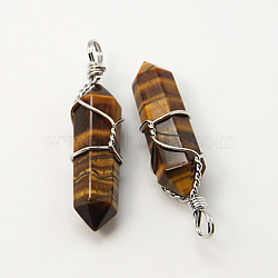 Natural Tiger Eye Double Terminated Pointed Pendants, with Brass Pendant Settings, Faceted, Bullet, Platinum Metal Color, 35~45x10~13mm, Hole: 3mm(G-J062-03P)