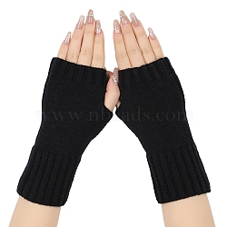 Acrylic Fiber Knitted Mittens Fingerless Gloves, Winter Warm Stretch Long Sleeve for Women, Black, 200~210x70mm(PW-WG36FCF-01)