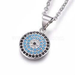 Brass Pave Cubic Zirconia Pendant Necklaces, with Cubic Zirconia, 304 Stainless Steel chain, Colorful, Flat Round, Stainless Steel Color, 17.71 inch(45cm)(NJEW-L146-02P)