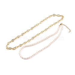 Brass Mariner Link Chain Necklaces & Natural Pearl Beaded Necklaces Sets, with 304 Stainless Steel Lobster Claw Clasps, Seashell Color, Golden, 17.72 inch(45cm), 14.96 inch(38cm), 2pcs/set(NJEW-JN03332)
