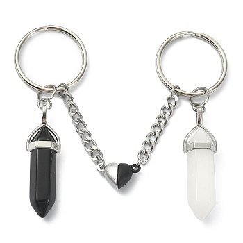 Natural Black Obsidian & White Jade Bullet Keychain, Alloy Magnetic Heart Clasp Couple Keychain, with Iron Split Key Rings, 7.05cm, 2pcs/set