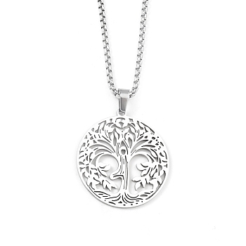 201 Stainless Steel Pendant Necklaces for Man, Tree with Flat Round with Tree of Life, Stainless Steel Color, 23.62 inch(60cm), Tree: 34.5x32x1.3mm