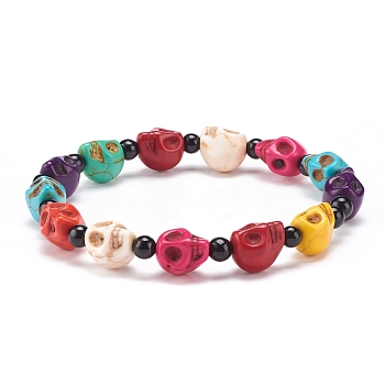 Natural Mashan Jade Skull & Synthetic Turquoise(Dyed) Beaded Stretch Bracelet, Gemstone Jewelry for Women, Colorful, Inner Diameter: 2-1/8 inch(5.5cm)