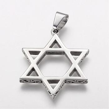 304 Stainless Steel Pendants, for Jewish, Hexagram/Star of David, Stainless Steel Color, 48x38x4mm, Hole: 6x12mm