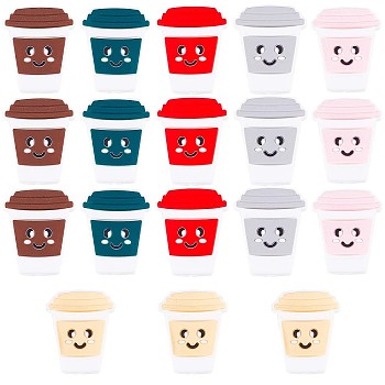 18Pcs 6 Colors Food Grade Eco-Friendly Silicone Beads, Chewing Beads For Teethers, DIY Nursing Necklaces Making, Cup with Smiling Face, Mixed Color, 30x30mm, 3pcs/color