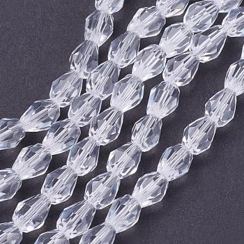 Glass Beads Strands, Faceted, teardrop, Clear, 6x4mm, Hole: 1mm, about 65~68pcs/strand, 14.96~15.35 inch