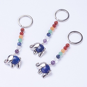 Natural Lapis Lazuli Chakra Keychain, with Mixed Stone and Platinum Plated Brass Key Findings, Elephant, 92mm, Ring: 24x2mm, Bead: 6~7mm, Pendant: 23x26x7mm