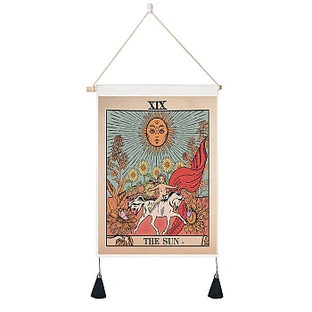 Tarot Pattern Polycotton Wall Hanging Tapestry, Vertical Tapestry, with Wood Rod & Iron Traceless Nail & Cord, for Home Decoration, Rectangle, The Sun XIX, 500x350mm