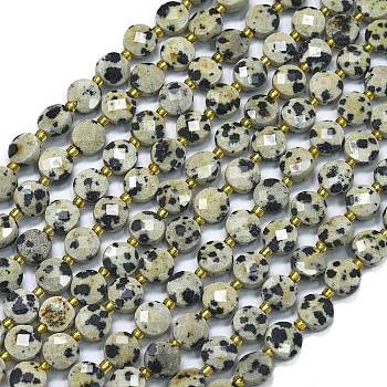 Natural Dalmatian Jasper Beads Strands, with Seed Beads, Faceted, Flat Round, 6~6.5x4mm, Hole: 1mm, about 50pcs/strand, 15.35''(39cm)