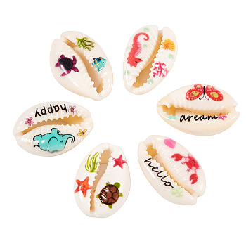 Cheriswelry 60Pcs 6 Style Printed Natural Cowrie Shell Beads, No Hole, Mixed Pattern, Mixed Color, 8~23x13~16x7~8mm, 10pcs/style