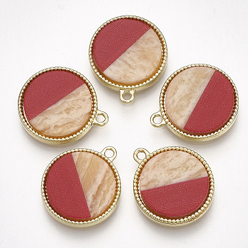 Alloy Pendants, with Two Tone Resin, Flat Round, Light Gold, Red, 20x17x3mm, Hole: 2mm