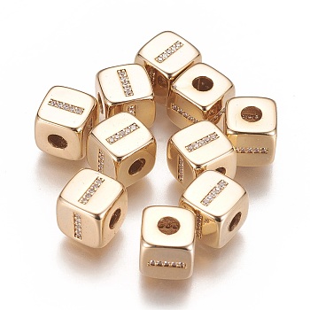 Brass Micro Pave Cubic Zirconia Beads, Horizontal Hole, Real 18K Gold Plated, Long-Lasting Plated, Cube with Letter, Clear, Letter.I, 9x9x9mm, Hole: 3.5mm