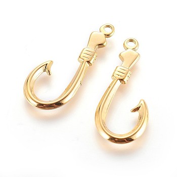 304 Stainless Steel Hook and S-Hook Clasps, Ion Plating (IP), Fish Hook Charms, Golden, 37x15.5x2.5mm, Hole: 2.5mm