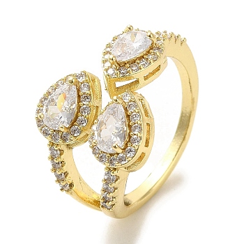 Brass Micro Pave Cubic Zirconia Rings for Women, Long-Lasting Plated, Teardrop, Golden, Adjustable
