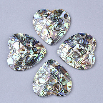 Single-Sided Natural Abalone Shell/Paua Shell Pendants, with Freshwater Shell Back, Heart, Colorful, 35x34~35x5mm, Hole: 1.4mm