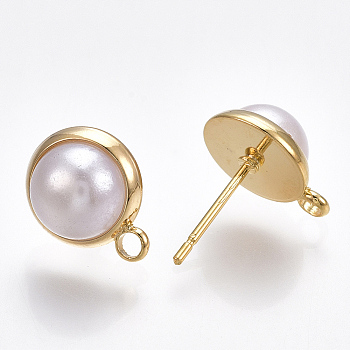 Brass Stud Earring Findings, with Loop and ABS Plastic Imitation Pearl, Half Round, Real 18K Gold Plated, 12.5x10mm, Hole: 1.8mm, Pin: 0.8mm