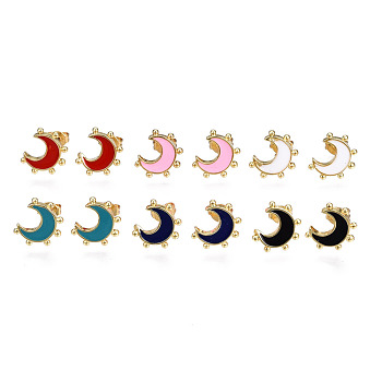 Brass Enamel Stud Earrings, with Ear Nuts, Nickel Free, Moon, Real 16K Gold Plated, Mixed Color, 12.5x10mm, Pin: 0.8mm