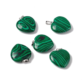 Synthetic Malachite Pendants, with Platinum Tone Brass Findings, Heart Charm, 27~28x25x7mm, Hole: 7x4mm