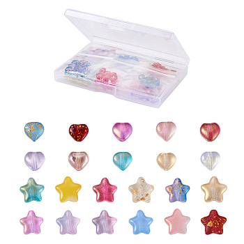 Cheriswelry 220Pcs 22 Style Transparent Spray Painted Glass Beads, with Glitter Powder, Heart, Star, Mixed Color, 10pcs/style